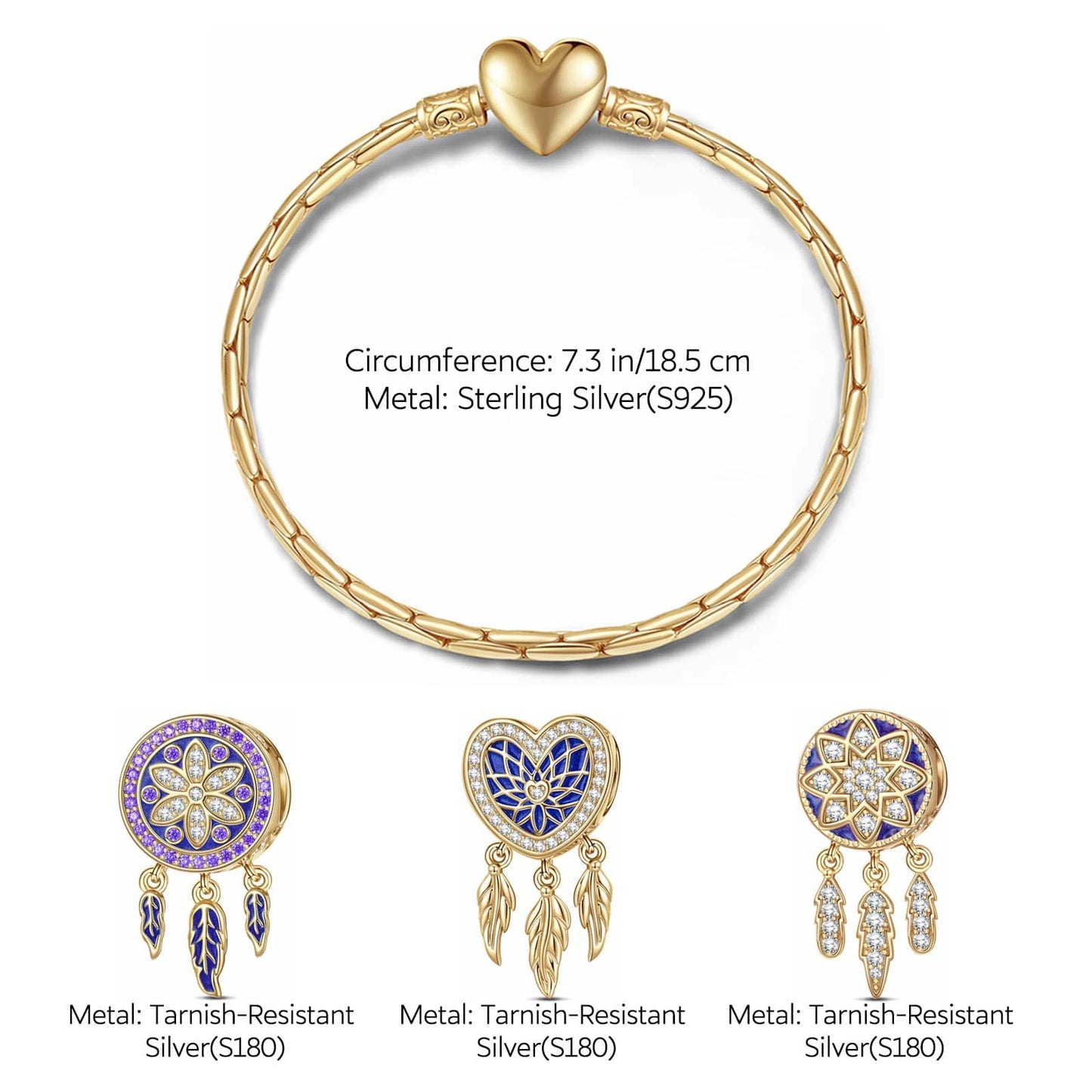 Sterling Silver Purple Dreamcatcher Charms Bracelet Set With Enamel In 14K Gold Plated (Includes bracelet and all charms shown)