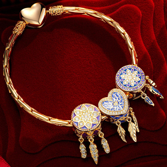 gon- Sterling Silver Purple Dreamcatcher Charms Bracelet Set With Enamel In 14K Gold Plated