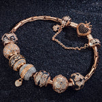 Sterling Silver Rose Love Bamboo Chain Charms Bracelet Set With Enamel In Rose Gold Plated (Includes bracelet and all charms shown)