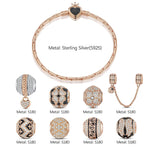Sterling Silver Rose Love Bamboo Chain Charms Bracelet Set With Enamel In Rose Gold Plated (Includes bracelet and all charms shown)