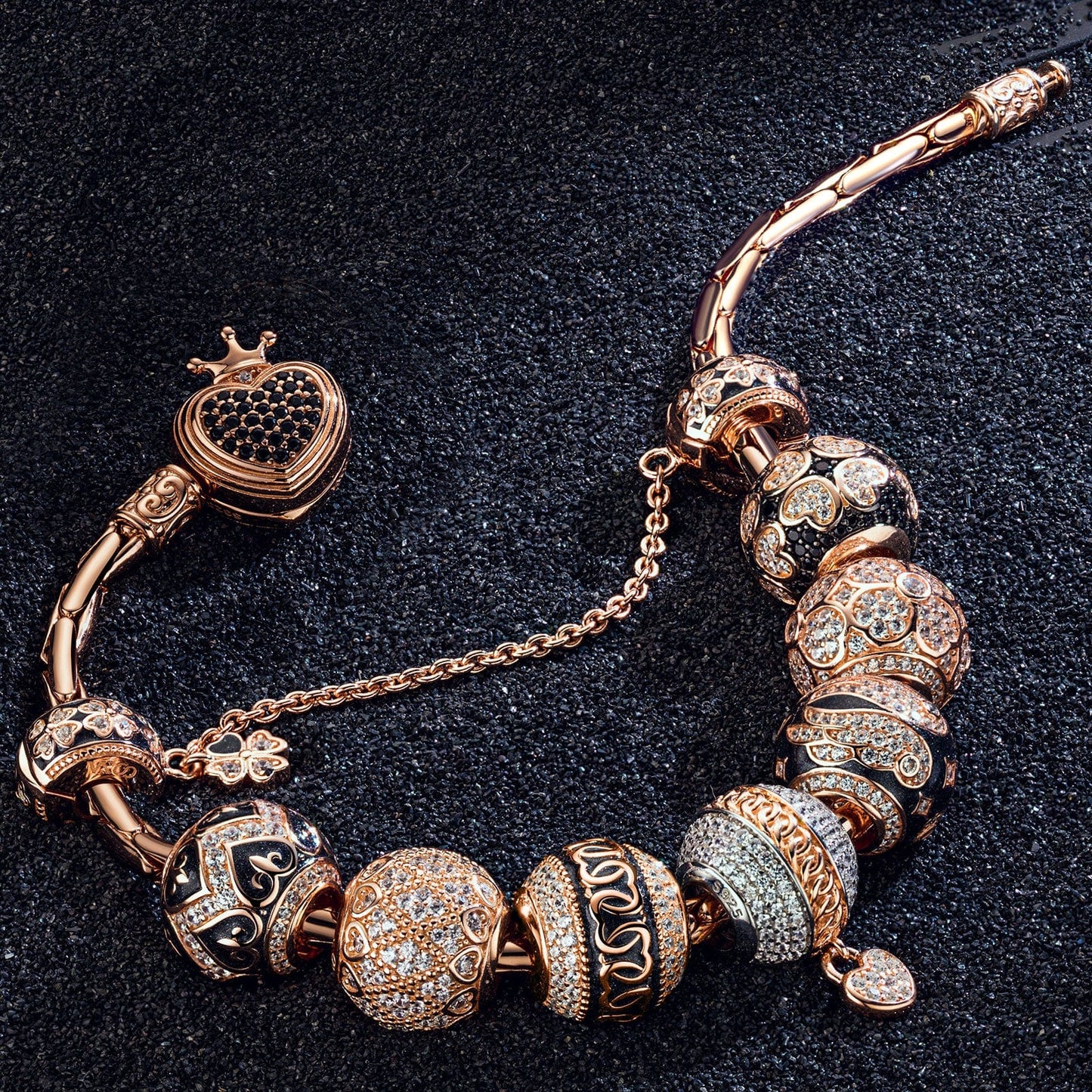 Sterling Silver Rose Love Bamboo Chain Charms Bracelet Set With Enamel In Rose Gold Plated (Includes bracelet and all charms shown)