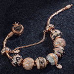 Sterling Silver Rose Love Bamboo Chain Charms Bracelet Set With Enamel In Rose Gold Plated (Includes bracelet and all charms shown)