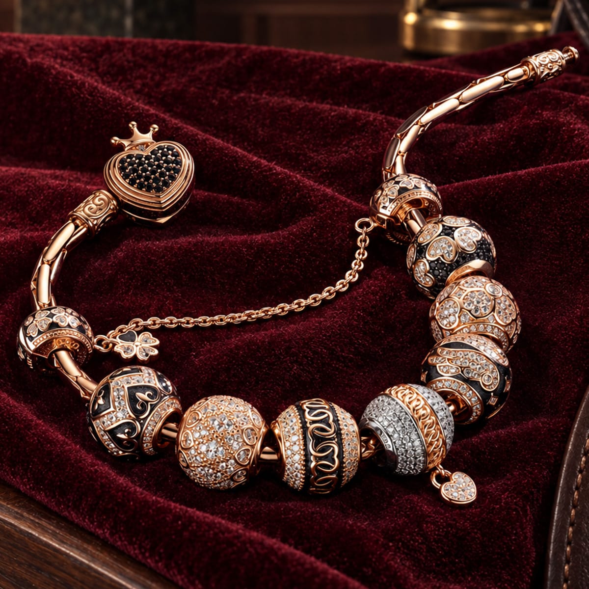 Sterling Silver Rose Love Bamboo Chain Charms Bracelet Set With Enamel In Rose Gold Plated (Includes bracelet and all charms shown)