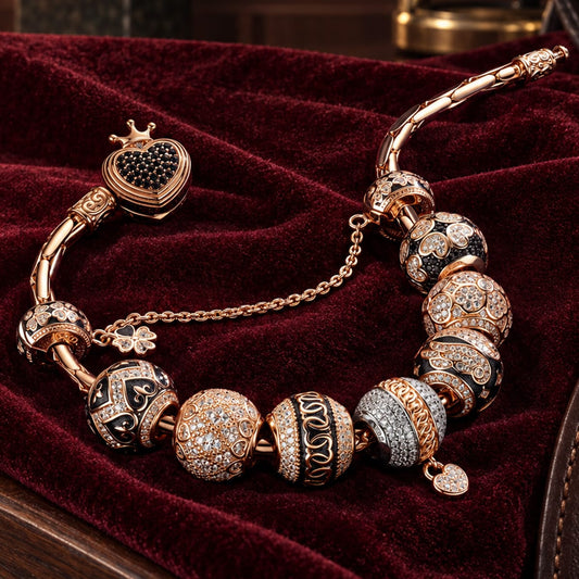 gona- Sterling Silver Rose Love Bamboo Chain Charms Bracelet Set With Enamel In Rose Gold Plated (Includes bracelet and all charms shown)