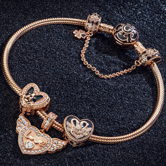 gon- Romantic Love Guardian Tarnish-resistant Silver Charms Bracelet Set With Enamel In Rose Gold Plated (Includes bracelet and all charms shown)