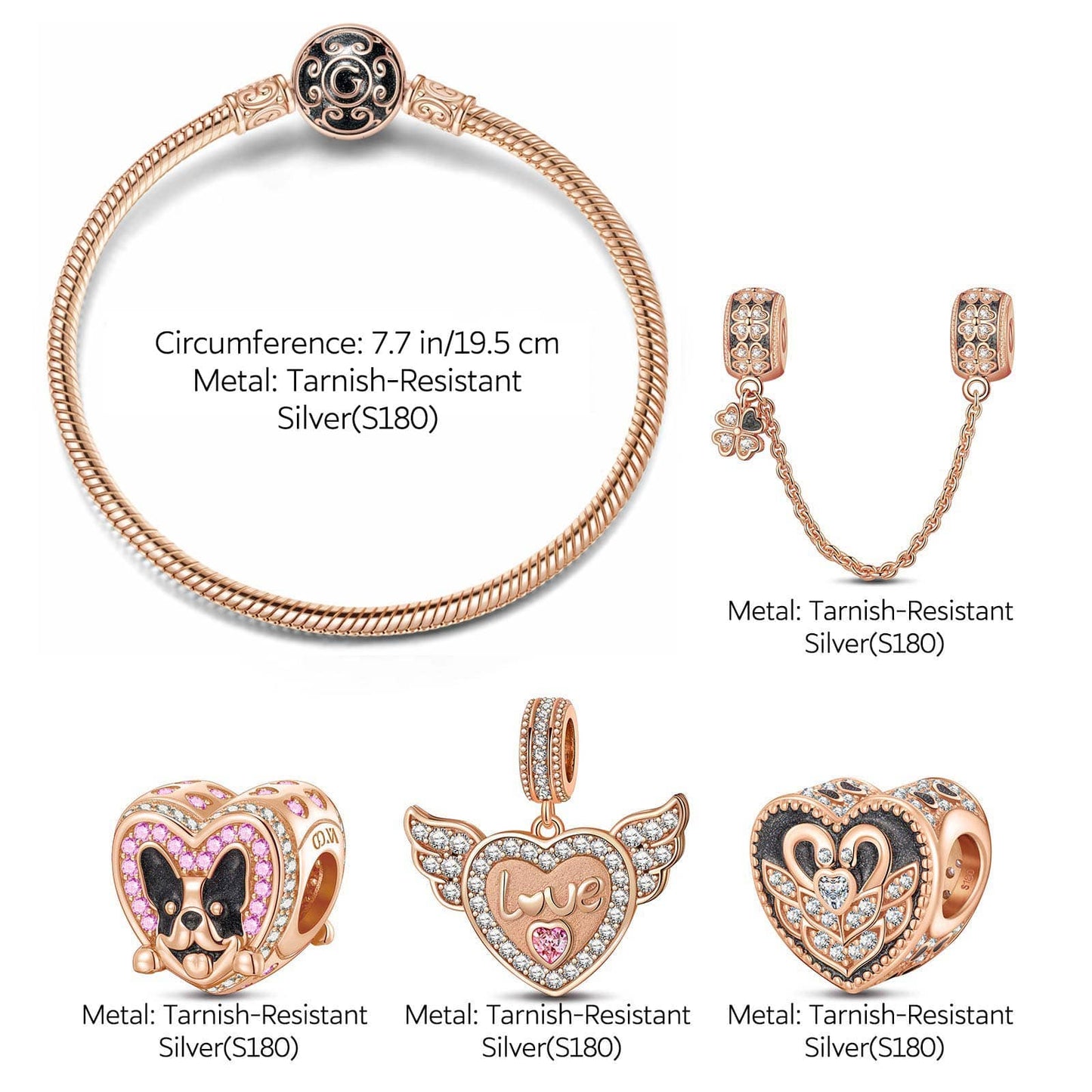 Romantic Love Guardian Tarnish-resistant Silver Charms Bracelet Set With Enamel In Rose Gold Plated (Includes bracelet and all charms shown)