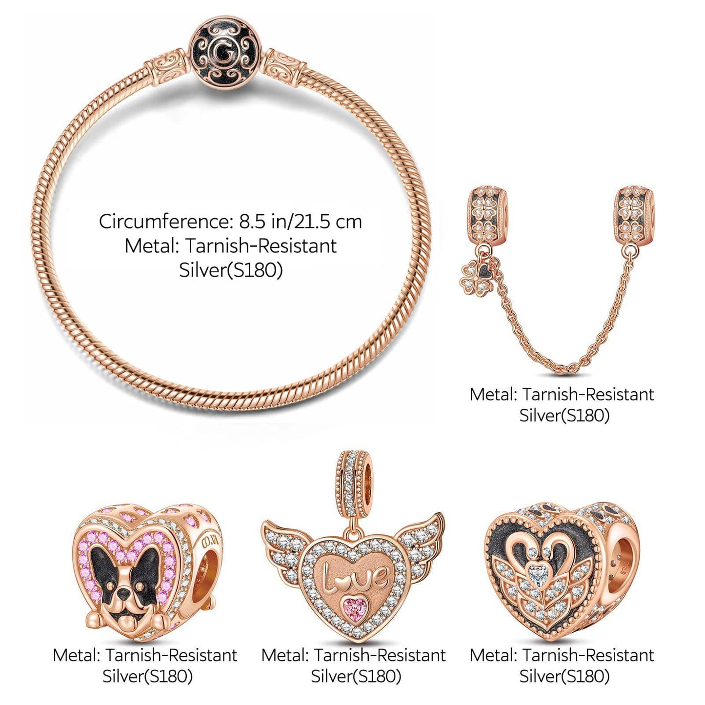 Romantic Love Guardian Tarnish-resistant Silver Charms Bracelet Set With Enamel In Rose Gold Plated (Includes bracelet and all charms shown)