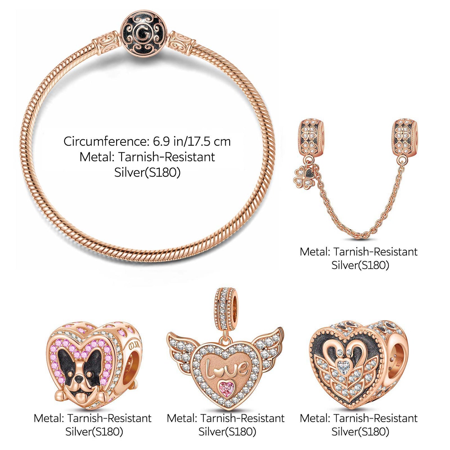 Romantic Love Guardian Tarnish-resistant Silver Charms Bracelet Set With Enamel In Rose Gold Plated