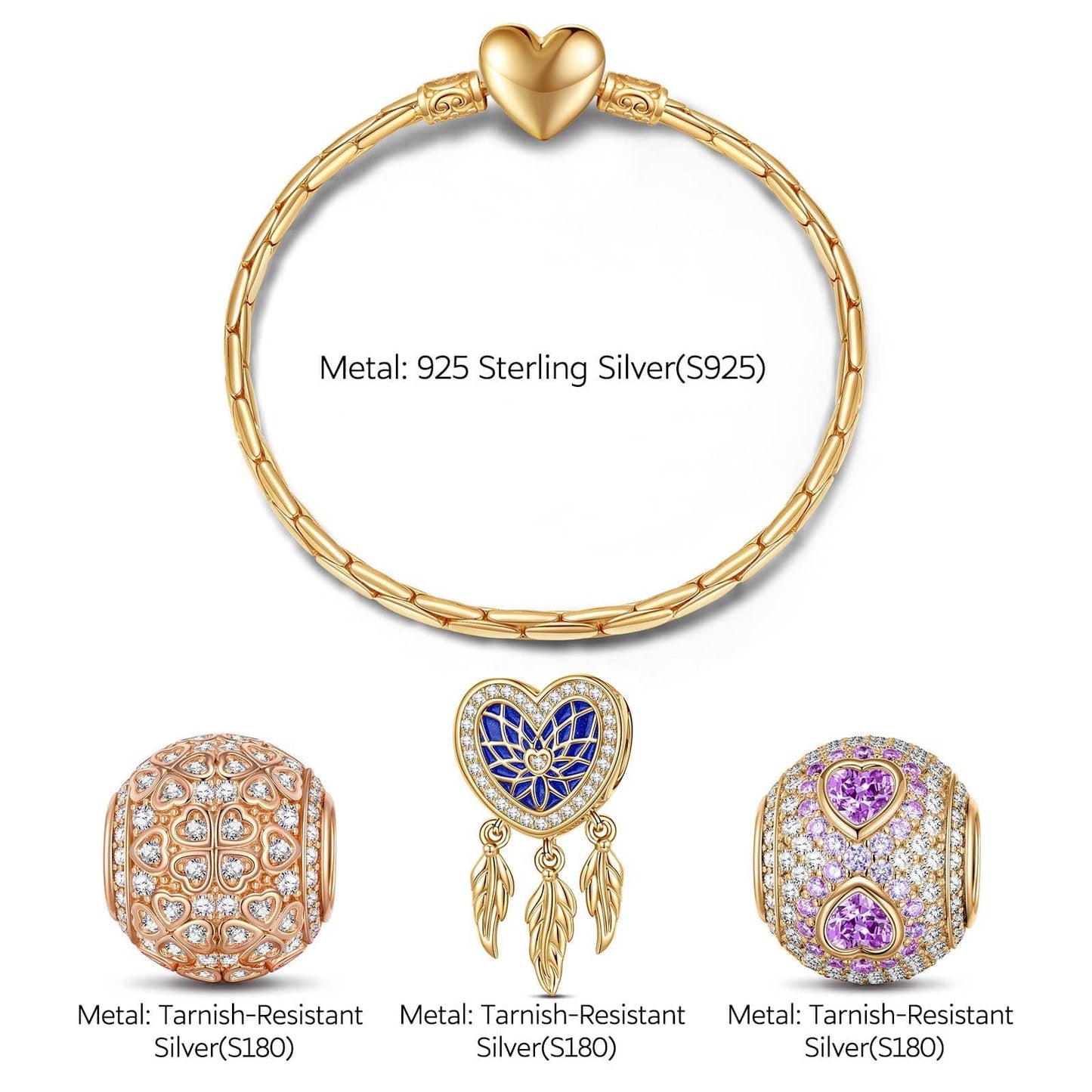 Sterling Silver Romantic Love Charms Bracelet Set With Enamel In 14K Gold Plated (Includes bracelet and all charms shown)