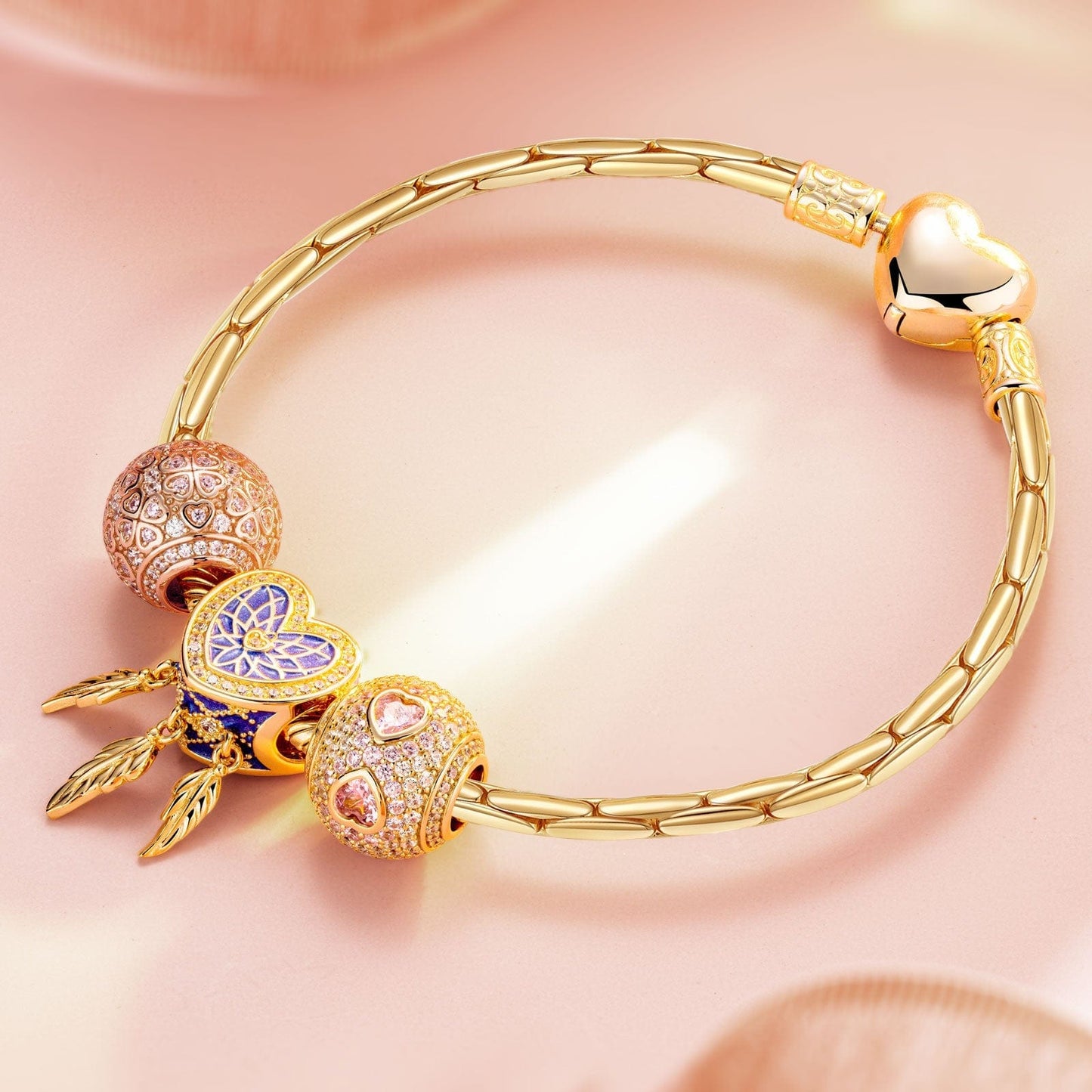 Sterling Silver Romantic Love Charms Bracelet Set With Enamel In 14K Gold Plated (Includes bracelet and all charms shown)