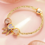 Sterling Silver Romantic Love Charms Bracelet Set With Enamel In 14K Gold Plated (Includes bracelet and all charms shown)