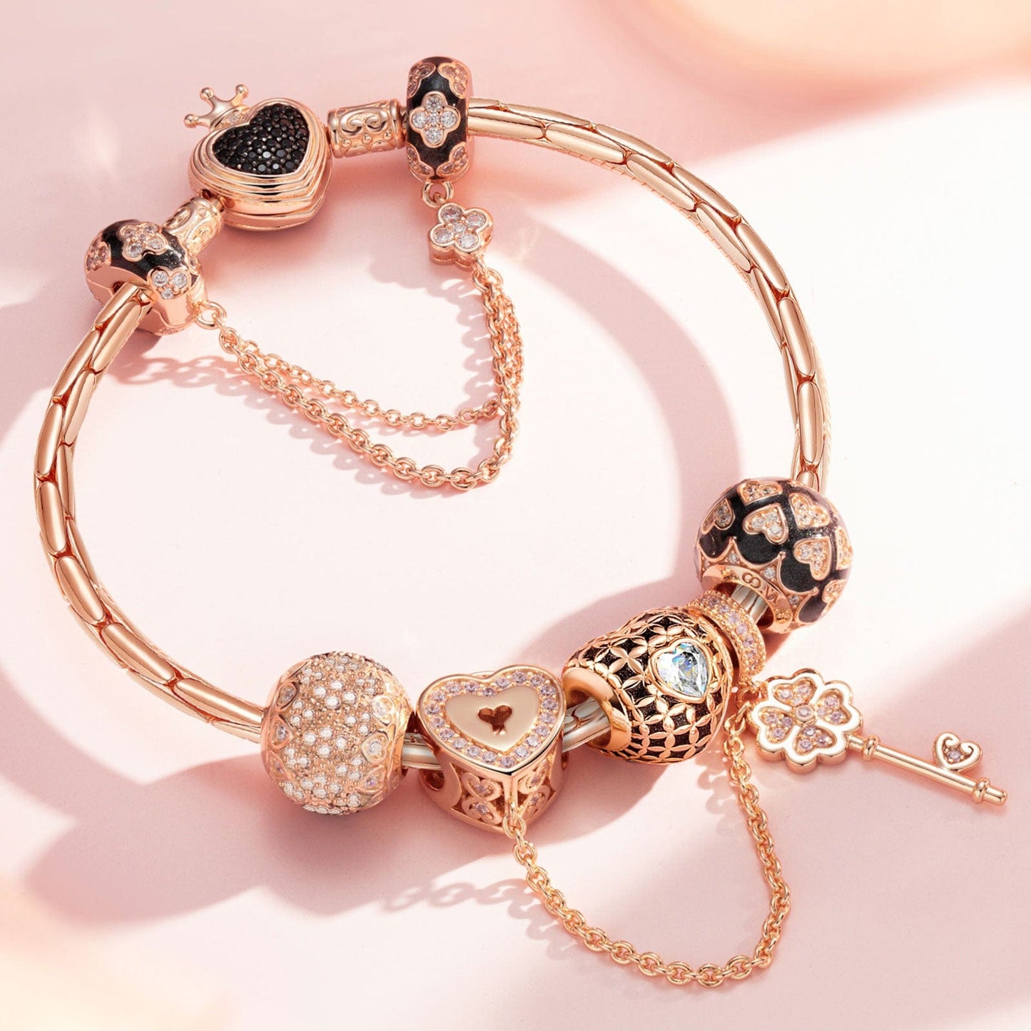 Sterling Silver Valentine's Day Charms Bracelet Set With Enamel In Rose Gold Plated (Includes bracelet and all charms shown)