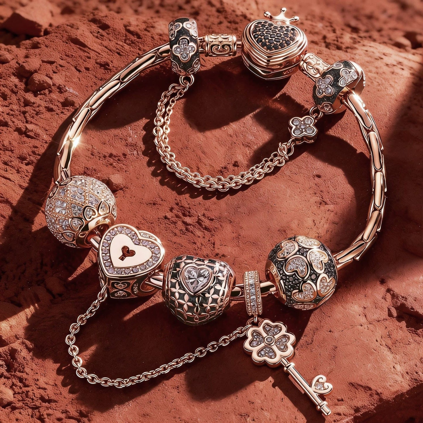 Sterling Silver Valentine's Day Charms Bracelet Set With Enamel In Rose Gold Plated (Includes bracelet and all charms shown)