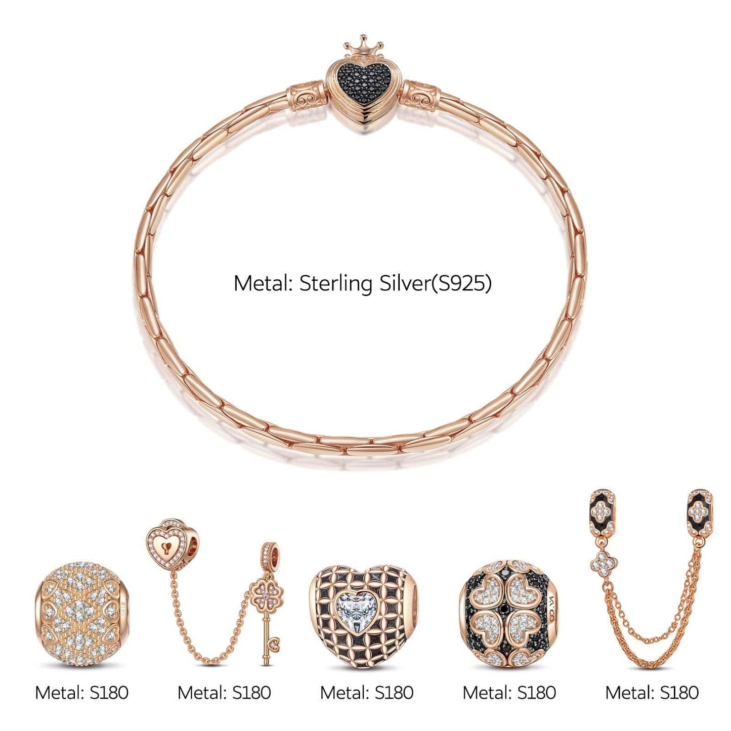 Sterling Silver Valentine's Day Charms Bracelet Set With Enamel In Rose Gold Plated (Includes bracelet and all charms shown)