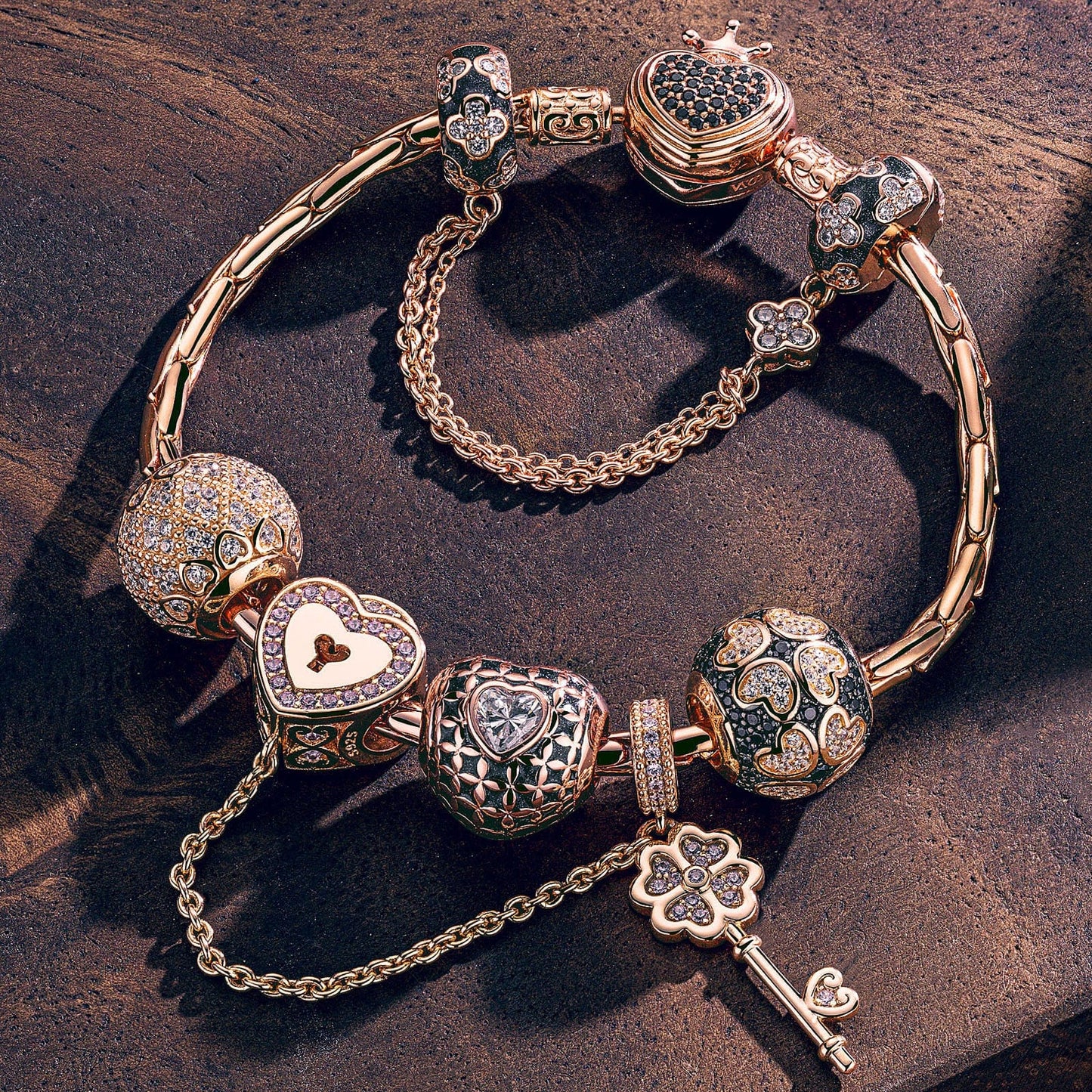Sterling Silver Valentine's Day Charms Bracelet Set With Enamel In Rose Gold Plated (Includes bracelet and all charms shown)
