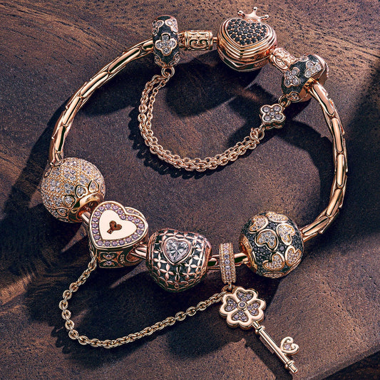 gona- Sterling Silver Valentine's Day Charms Bracelet Set With Enamel In Rose Gold Plated (Includes bracelet and all charms shown)