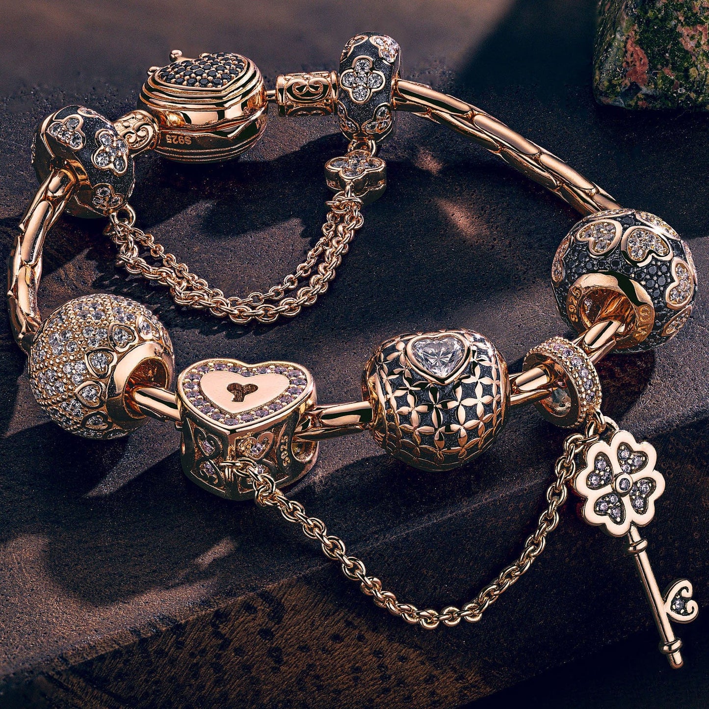 Sterling Silver Valentine's Day Charms Bracelet Set With Enamel In Rose Gold Plated (Includes bracelet and all charms shown)