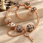 Sterling Silver Heart Key Charms Bracelet Set With Enamel In Rose Gold Plated (Includes bracelet and all charms shown)
