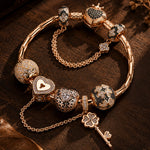 Sterling Silver Heart Key Charms Bracelet Set With Enamel In Rose Gold Plated (Includes bracelet and all charms shown)