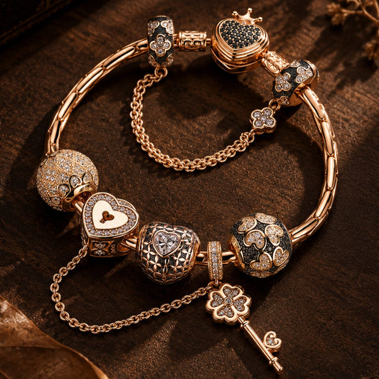 gona- Sterling Silver Heart Key Charms Bracelet Set With Enamel In Rose Gold Plated (Includes bracelet and all charms shown)