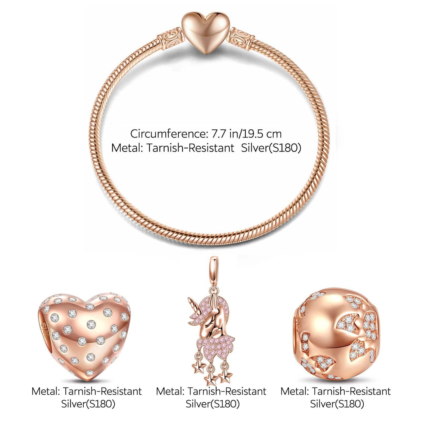 Romantic Love Tarnish-resistant Silver Charms Bracelet Set In Rose Gold Plated (Includes bracelet and all charms shown)