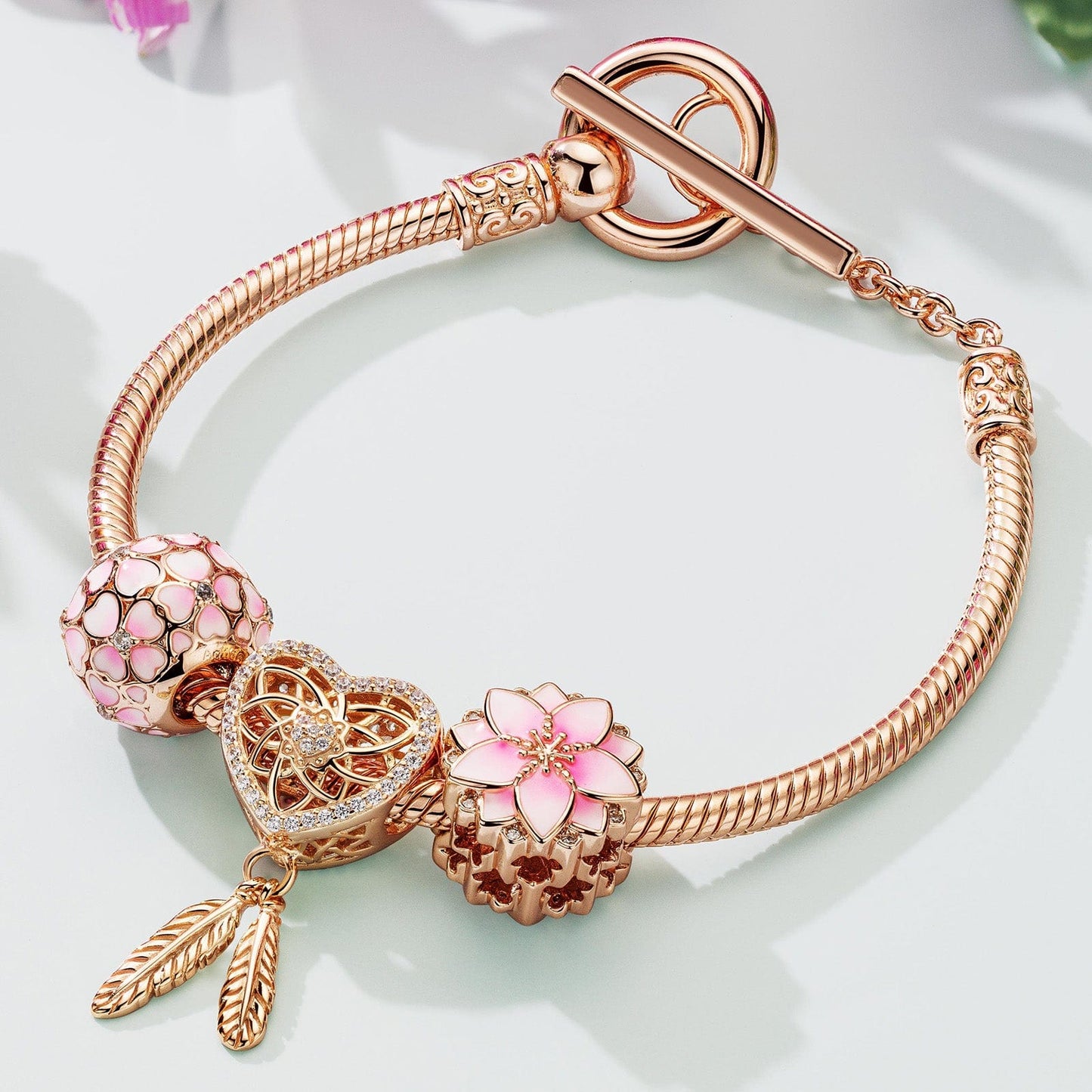 Pink Lovers Tarnish-resistant Silver Charms Bracelet Set With Enamel In Rose Gold Plated (Includes bracelet and all charms shown)