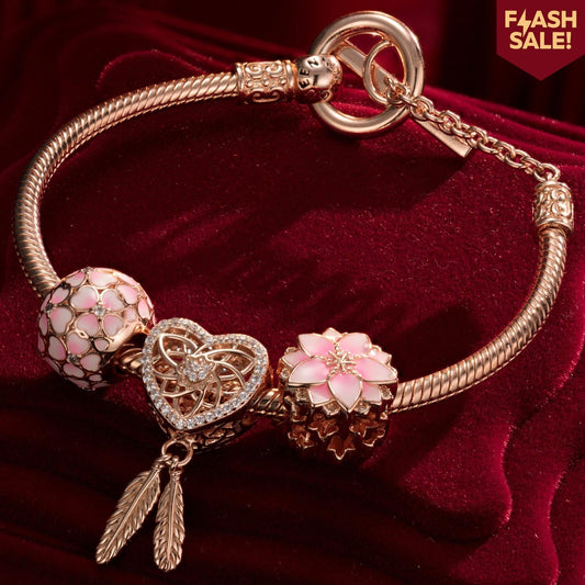 gon- Pink Lovers Tarnish-resistant Silver Charms Bracelet Set With Enamel In Rose Gold Plated (Includes bracelet and all charms shown)