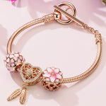 Pink Lovers Tarnish-resistant Silver Charms Bracelet Set With Enamel In Rose Gold Plated (Includes bracelet and all charms shown)