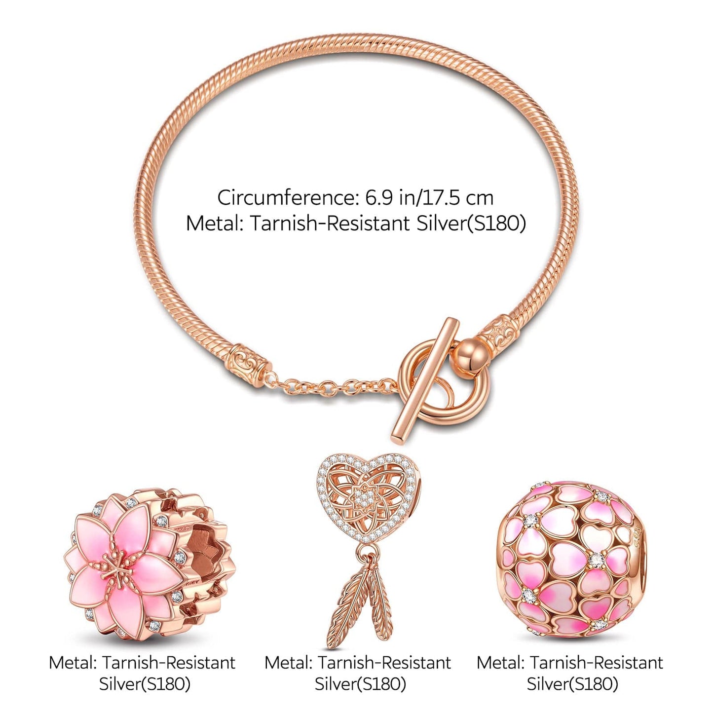 Pink Lovers Tarnish-resistant Silver Charms Bracelet Set With Enamel In Rose Gold Plated