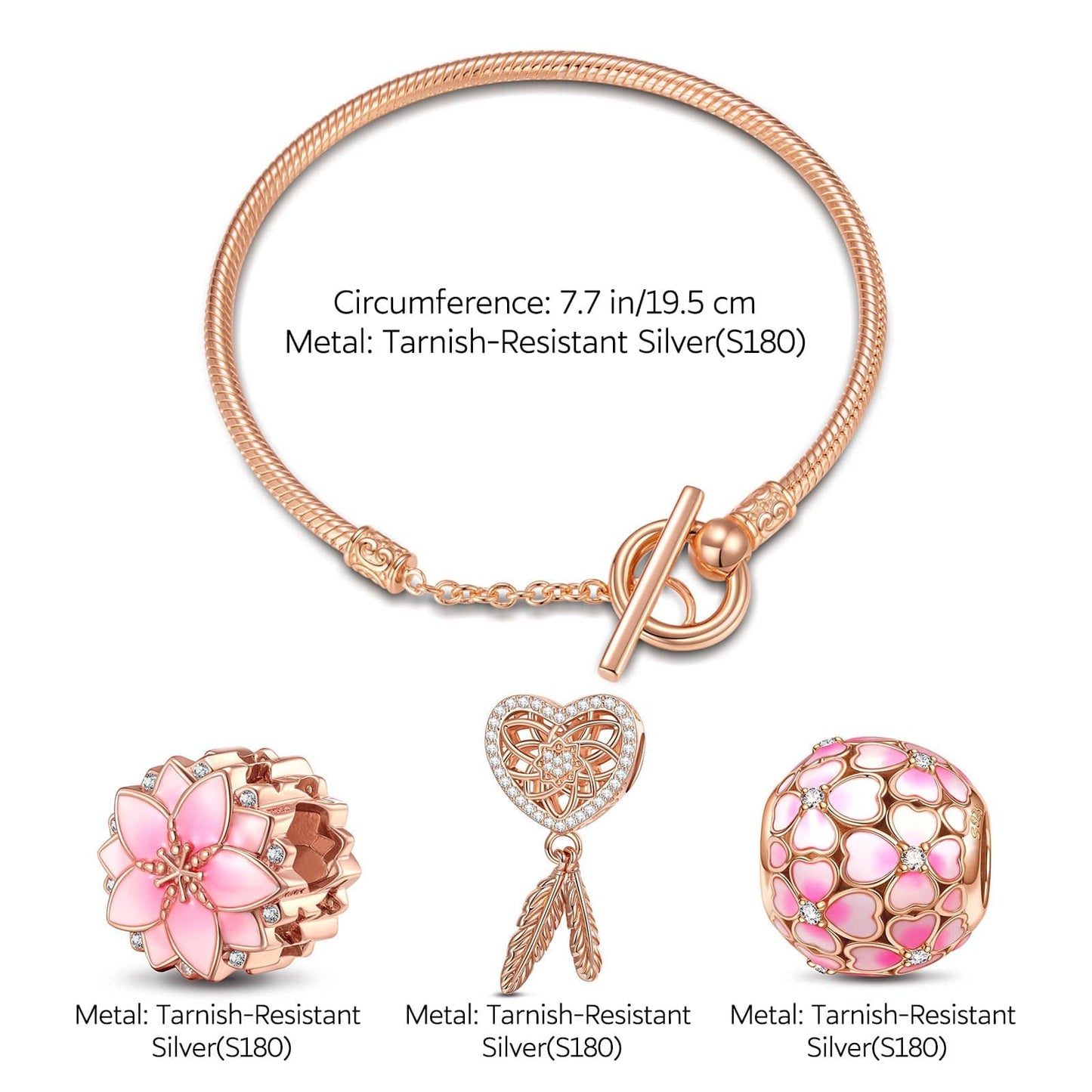 Pink Lovers Tarnish-resistant Silver Charms Bracelet Set With Enamel In Rose Gold Plated (Includes bracelet and all charms shown)