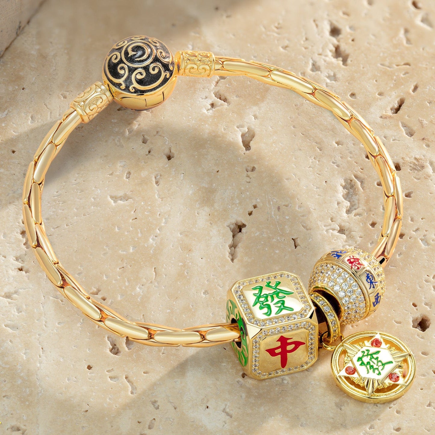 Sterling Silver Lucky Mahjong Charms Bracelet Set With Enamel In 14K Gold Plated (Includes bracelet and all charms shown)