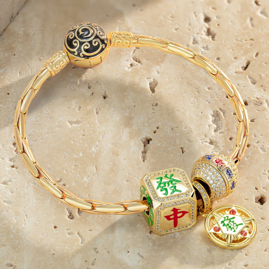 gona- Sterling Silver Lucky Mahjong Charms Bracelet Set With Enamel In 14K Gold Plated (Includes bracelet and all charms shown)