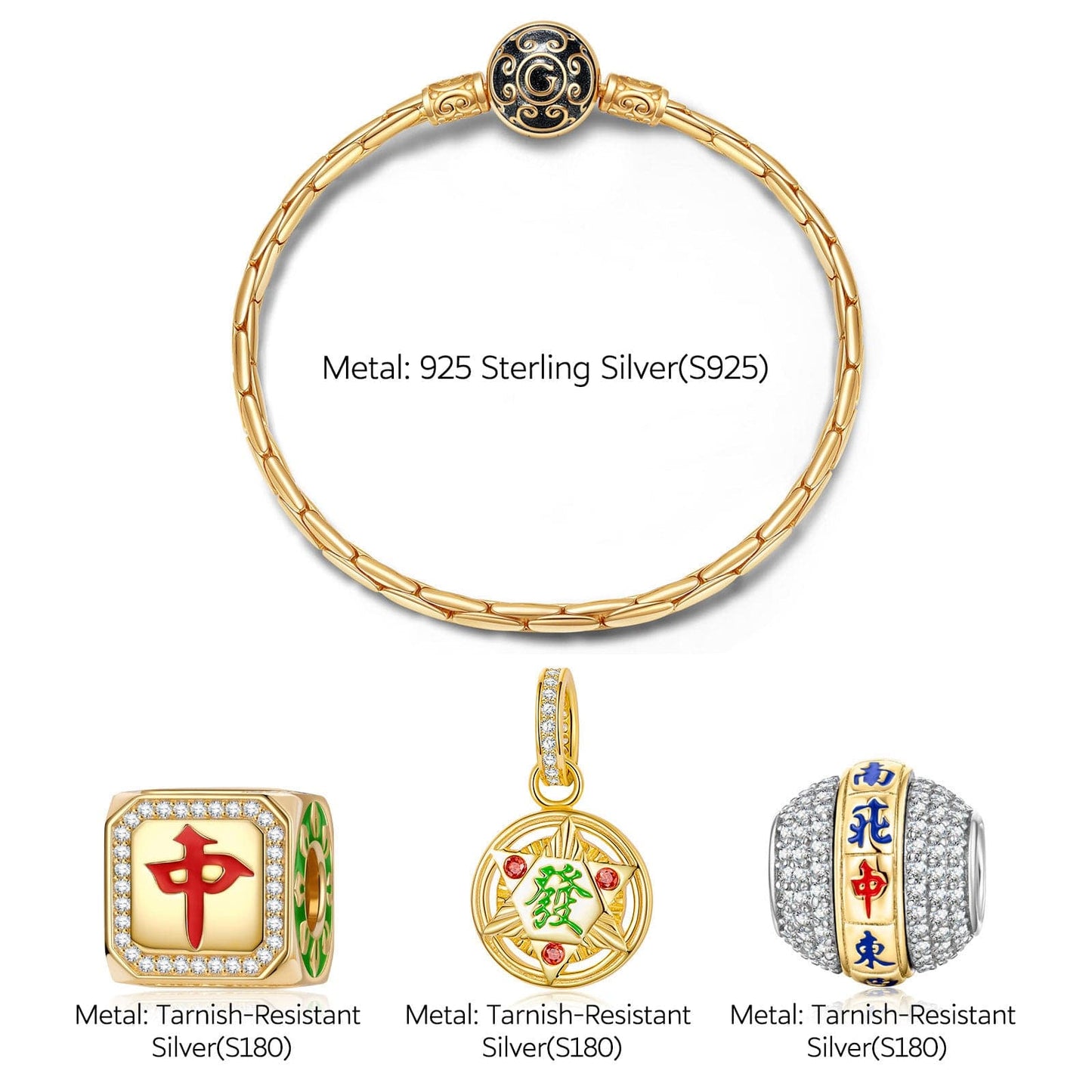 Sterling Silver Lucky Mahjong Charms Bracelet Set With Enamel In 14K Gold Plated (Includes bracelet and all charms shown)
