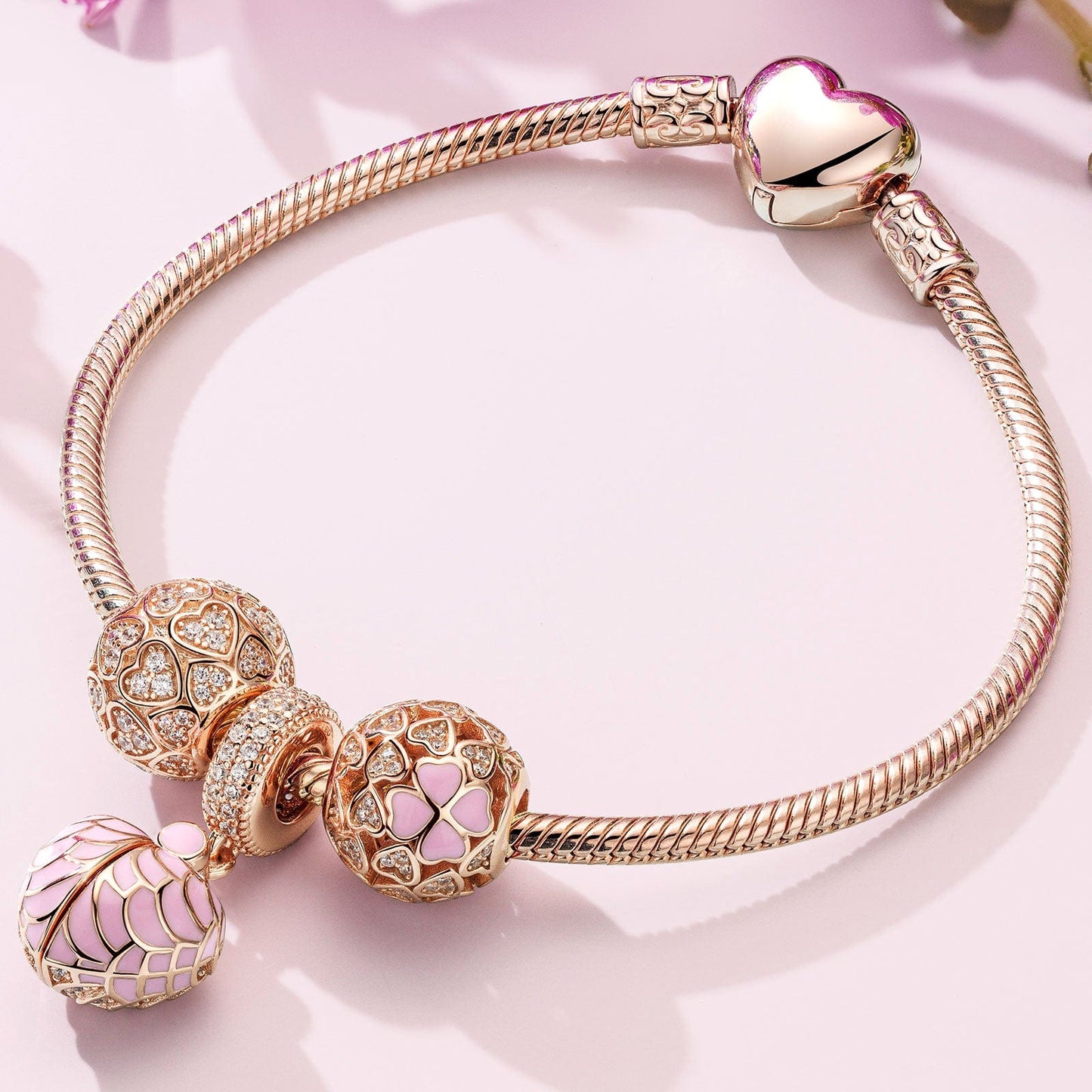 Lucky Love Tarnish-resistant Silver Charms Bracelet Set With Enamel In Rose Gold Plated (Includes bracelet and all charms shown)