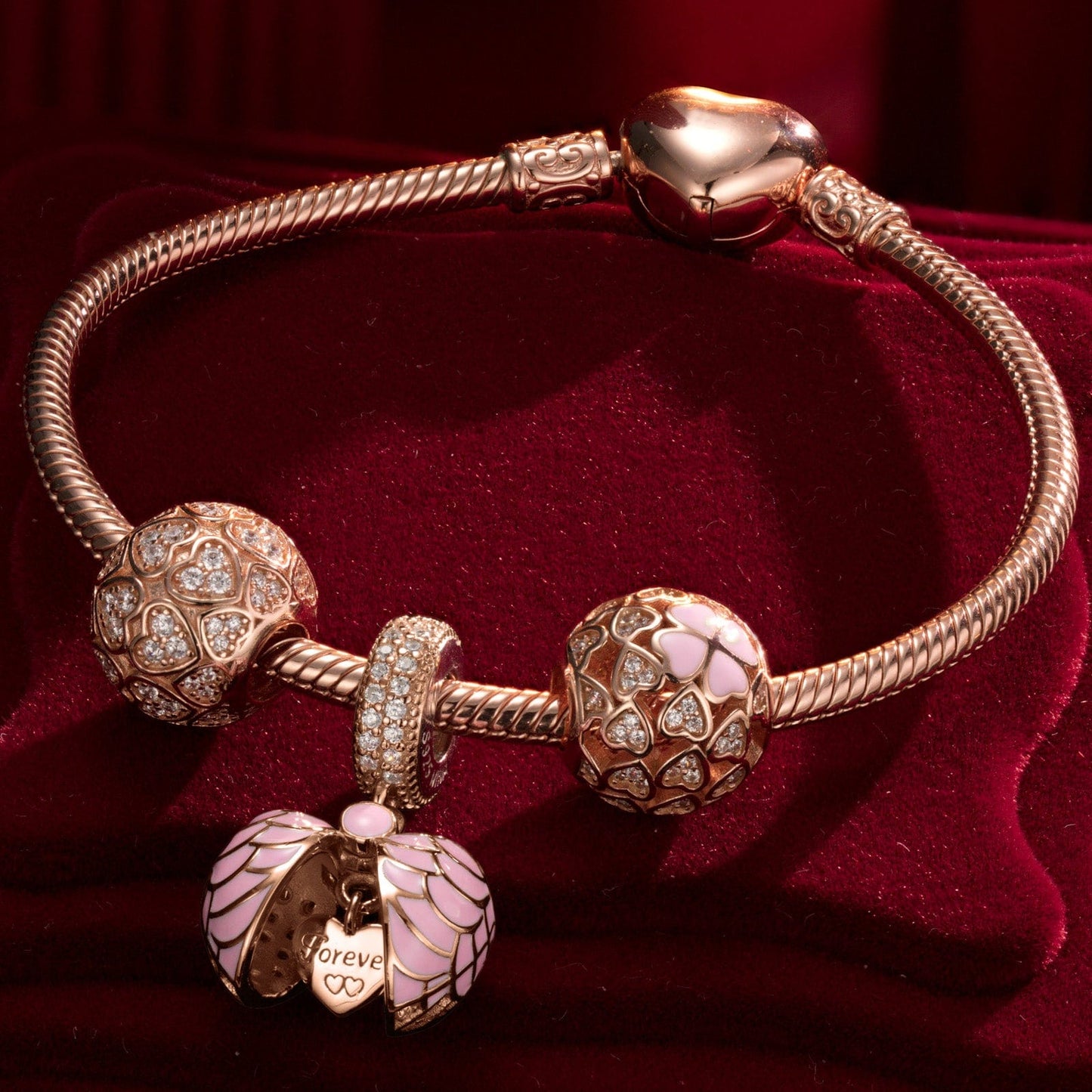 Lucky Love Tarnish-resistant Silver Charms Bracelet Set With Enamel In Rose Gold Plated (Includes bracelet and all charms shown)