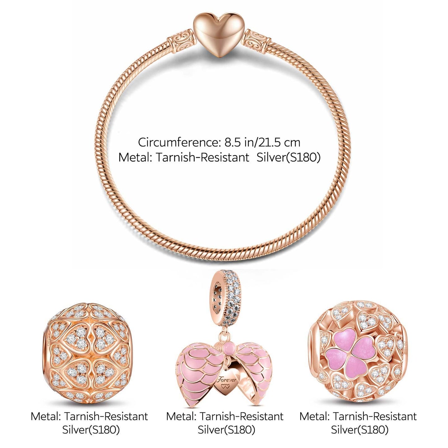 Lucky Love Tarnish-resistant Silver Charms Bracelet Set With Enamel In Rose Gold Plated