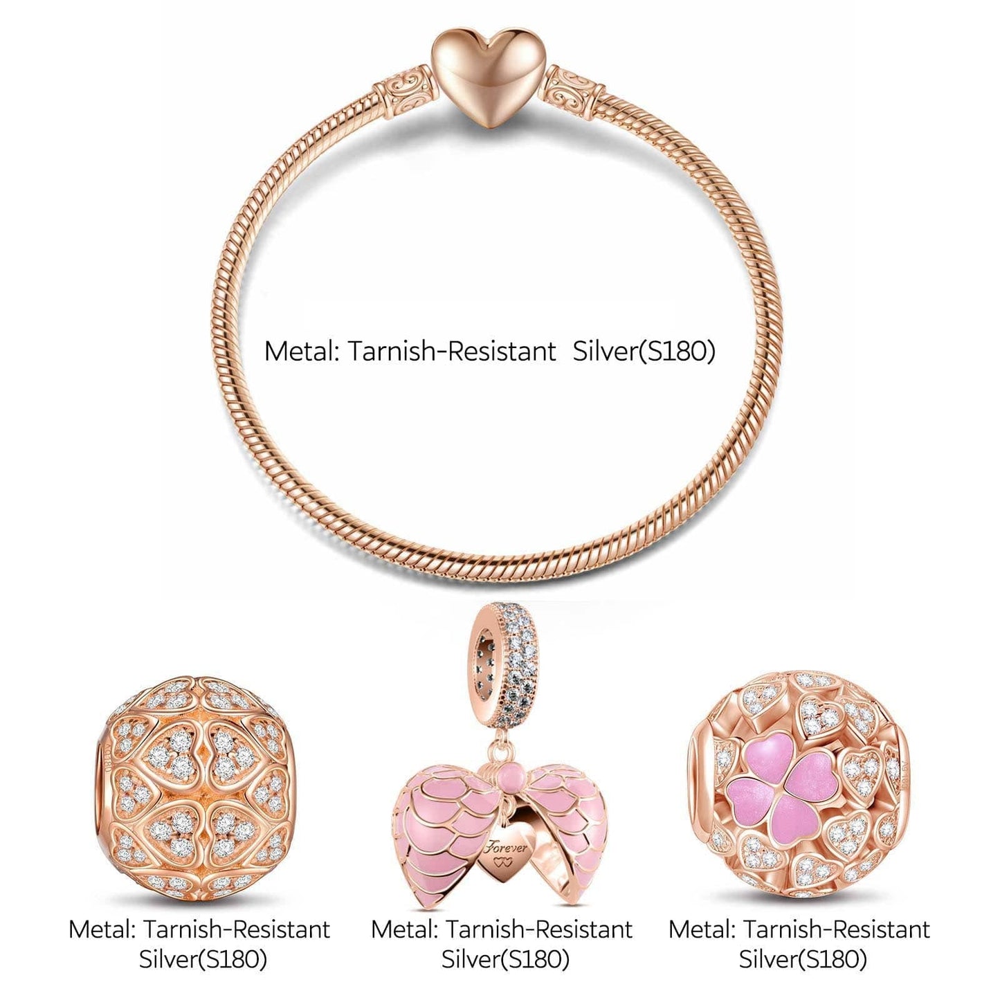 Lucky Love Tarnish-resistant Silver Charms Bracelet Set With Enamel In Rose Gold Plated (Includes bracelet and all charms shown)