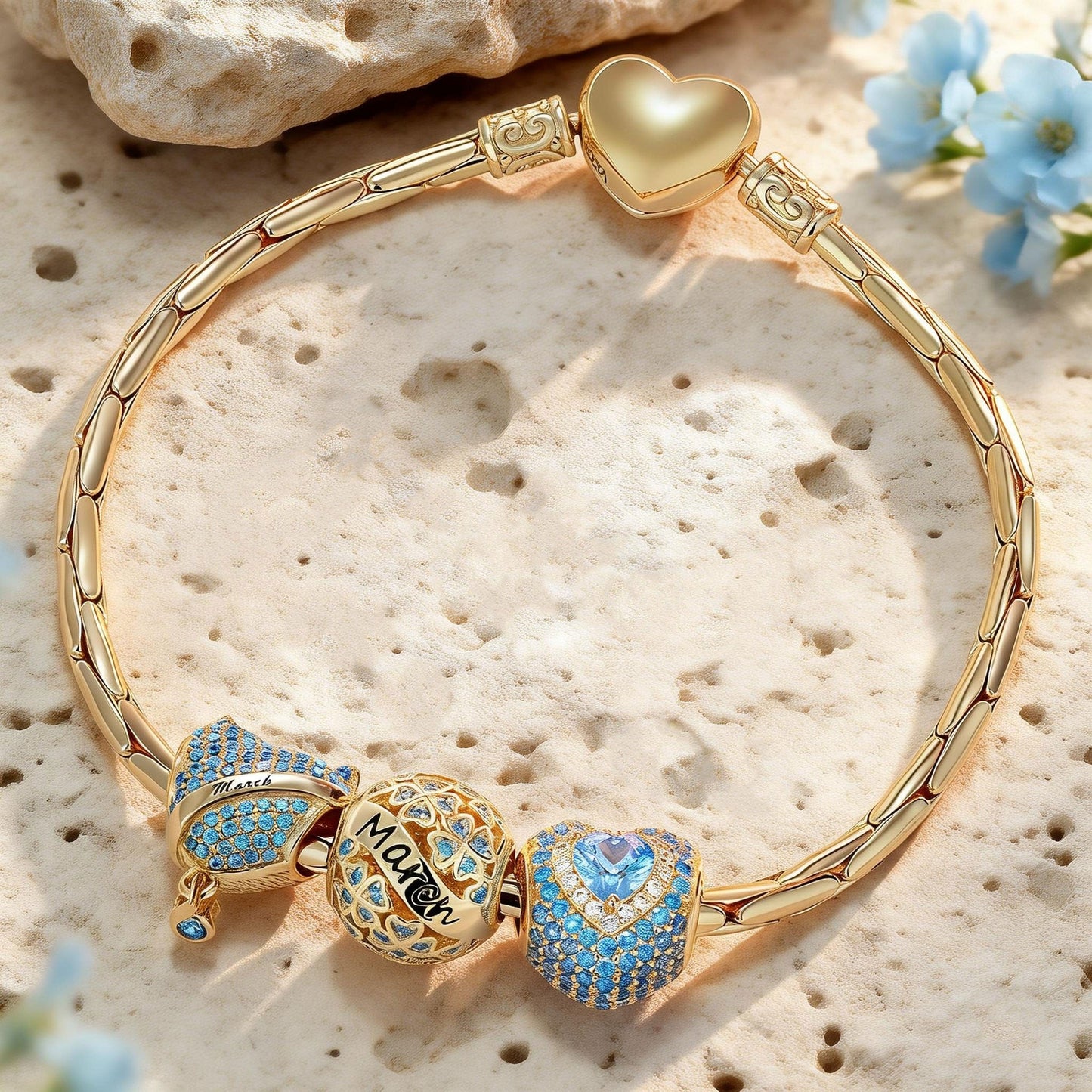 Sterling Silver March Birthday Stone Charms Bracelet Set In 14K Gold Plated (Includes bracelet and all charms shown)