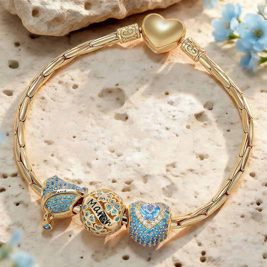 gona- Sterling Silver March Birthday Stone Charms Bracelet Set In 14K Gold Plated (Includes bracelet and all charms shown)