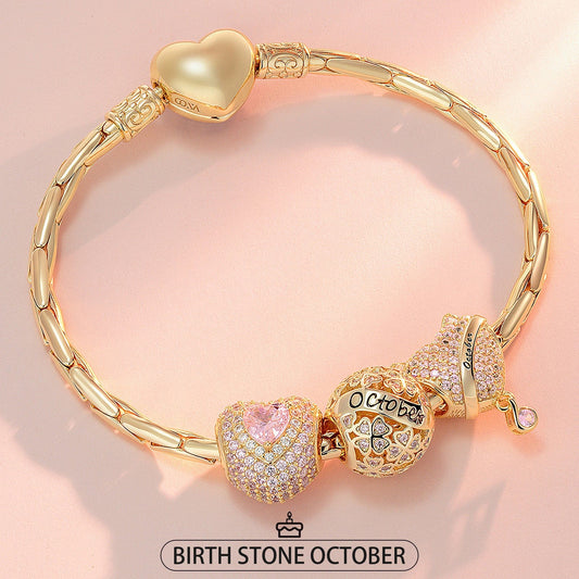 gona- Sterling Silver October Birthday Stone Charms Bracelet Set In 14K Gold Plated (Includes bracelet and all charms shown)