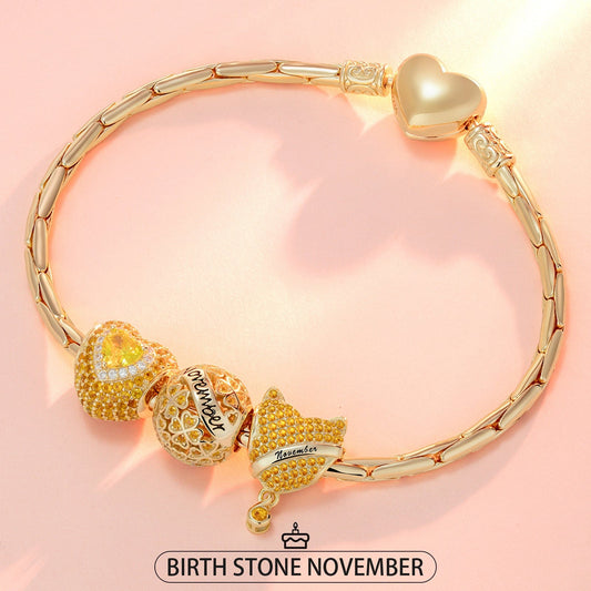 gona- Sterling Silver November Birthday Stone Charms Bracelet Set In 14K Gold Plated (Includes bracelet and all charms shown)