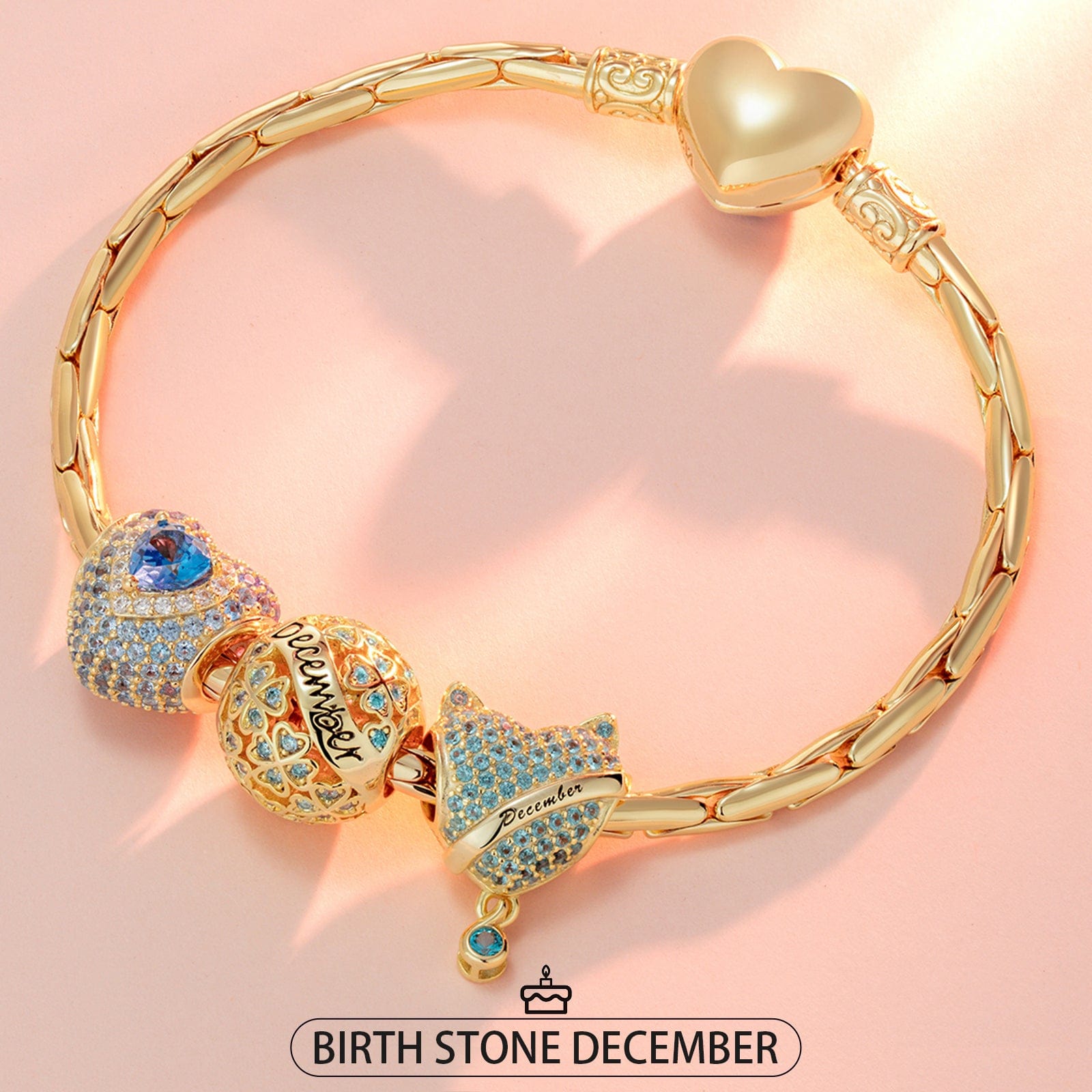 STERLING SILVER DECEMBER BIRTHDAY STONE CHARMS BRACELET SET IN 14K GOL ...