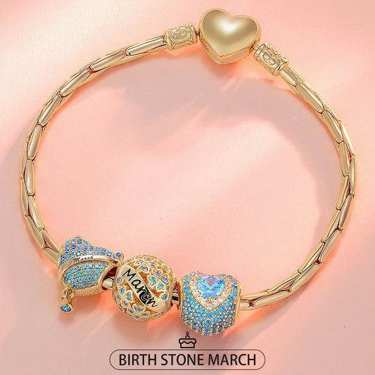 gona- Sterling Silver March Birthday Stone Charms Bracelet Set In 14K Gold Plated (Includes bracelet and all charms shown)