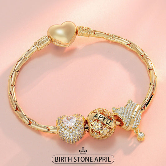 gona- Sterling Silver April Birthday Stone Charms Bracelet Set In 14K Gold Plated (Includes bracelet and all charms shown)