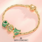 Sterling Silver May Birthday Stone Charms Bracelet Set In 14K Gold Plated (Includes bracelet and all charms shown)
