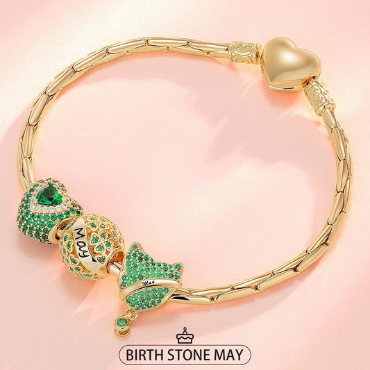 gona- Sterling Silver May Birthday Stone Charms Bracelet Set In 14K Gold Plated (Includes bracelet and all charms shown)