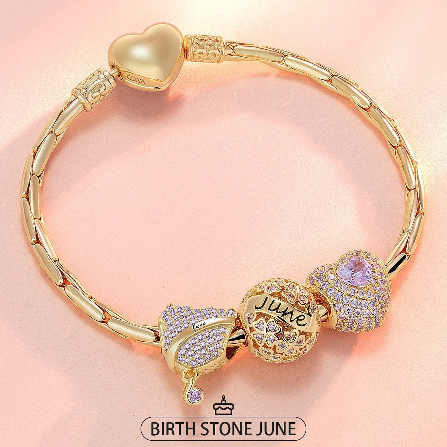 Sterling Silver June Birthday Stone Charms Bracelet Set In 14K Gold Plated (Includes bracelet and all charms shown)