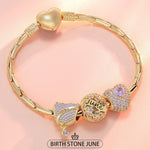 Sterling Silver June Birthday Stone Charms Bracelet Set In 14K Gold Plated (Includes bracelet and all charms shown)