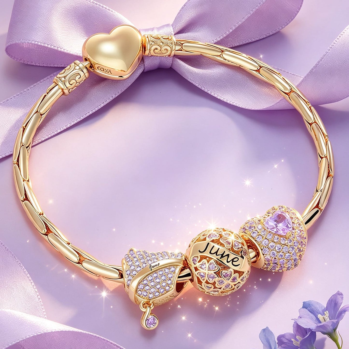 Sterling Silver June Birthday Stone Charms Bracelet Set In 14K Gold Plated (Includes bracelet and all charms shown)