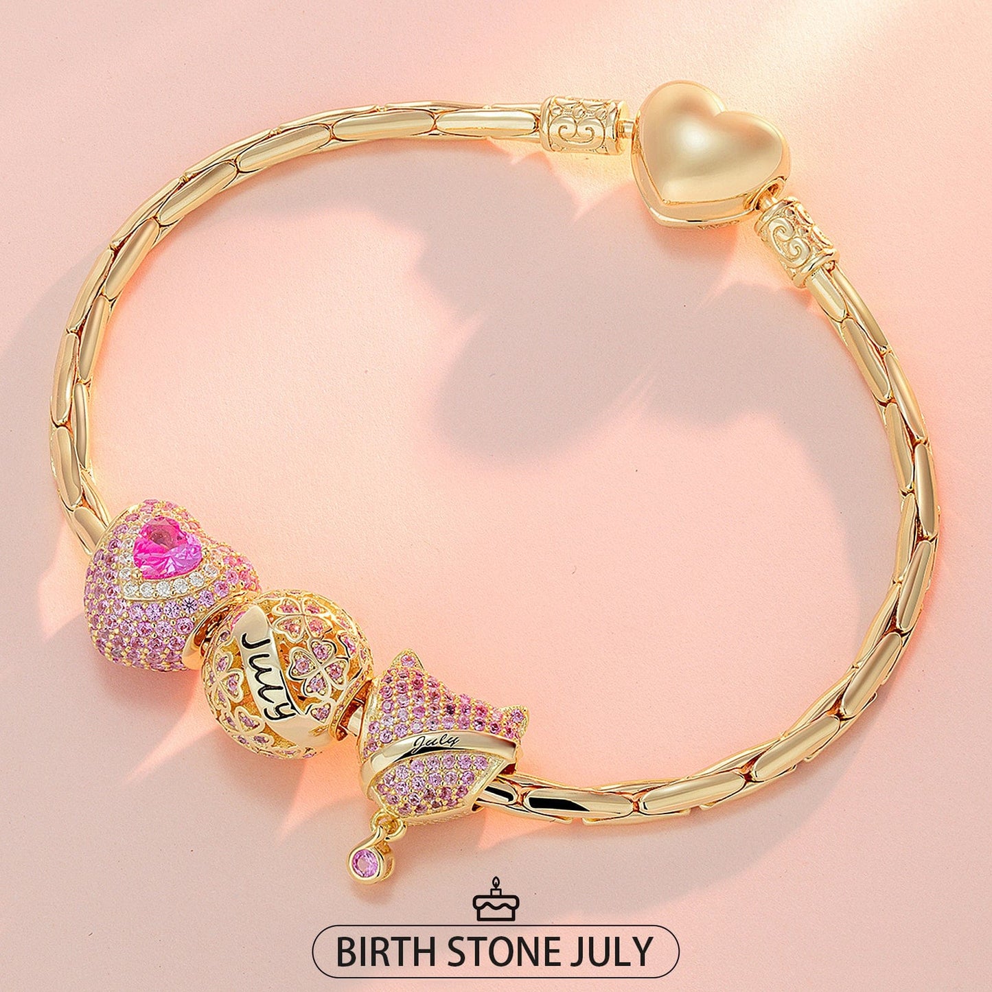 Sterling Silver July Birthday Stone Charms Bracelet Set In 14K Gold Plated (Includes bracelet and all charms shown)